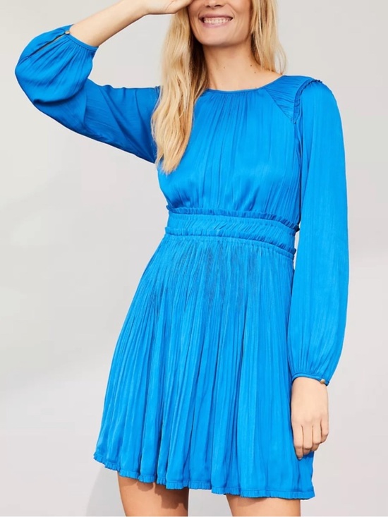Anthropologie Dresses & Skirts - Anthropologie Maeve Saniya Blue Shiny Silky Pleated 3/4 Sleeve Mini Dress Sz M
